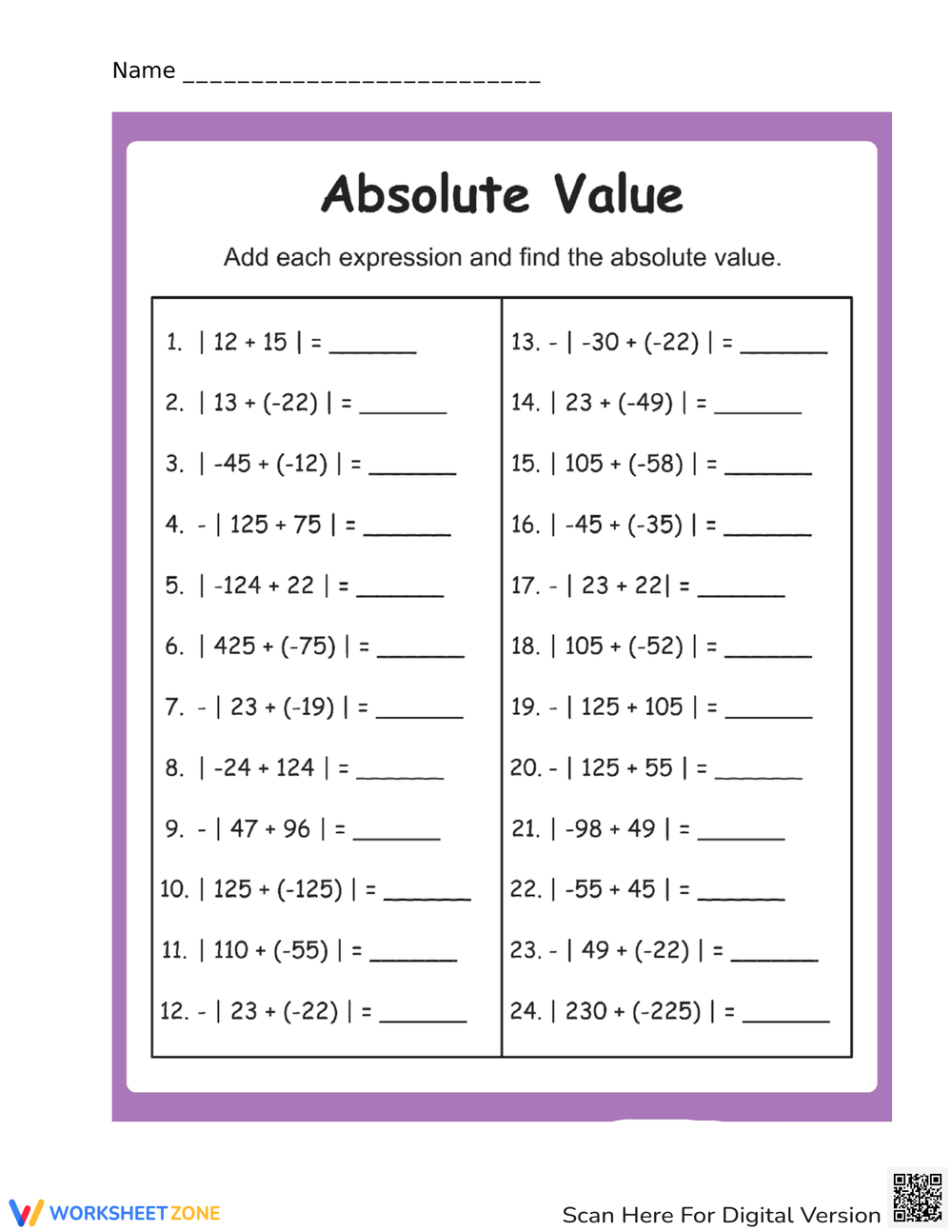 absolute value worksheet pdf