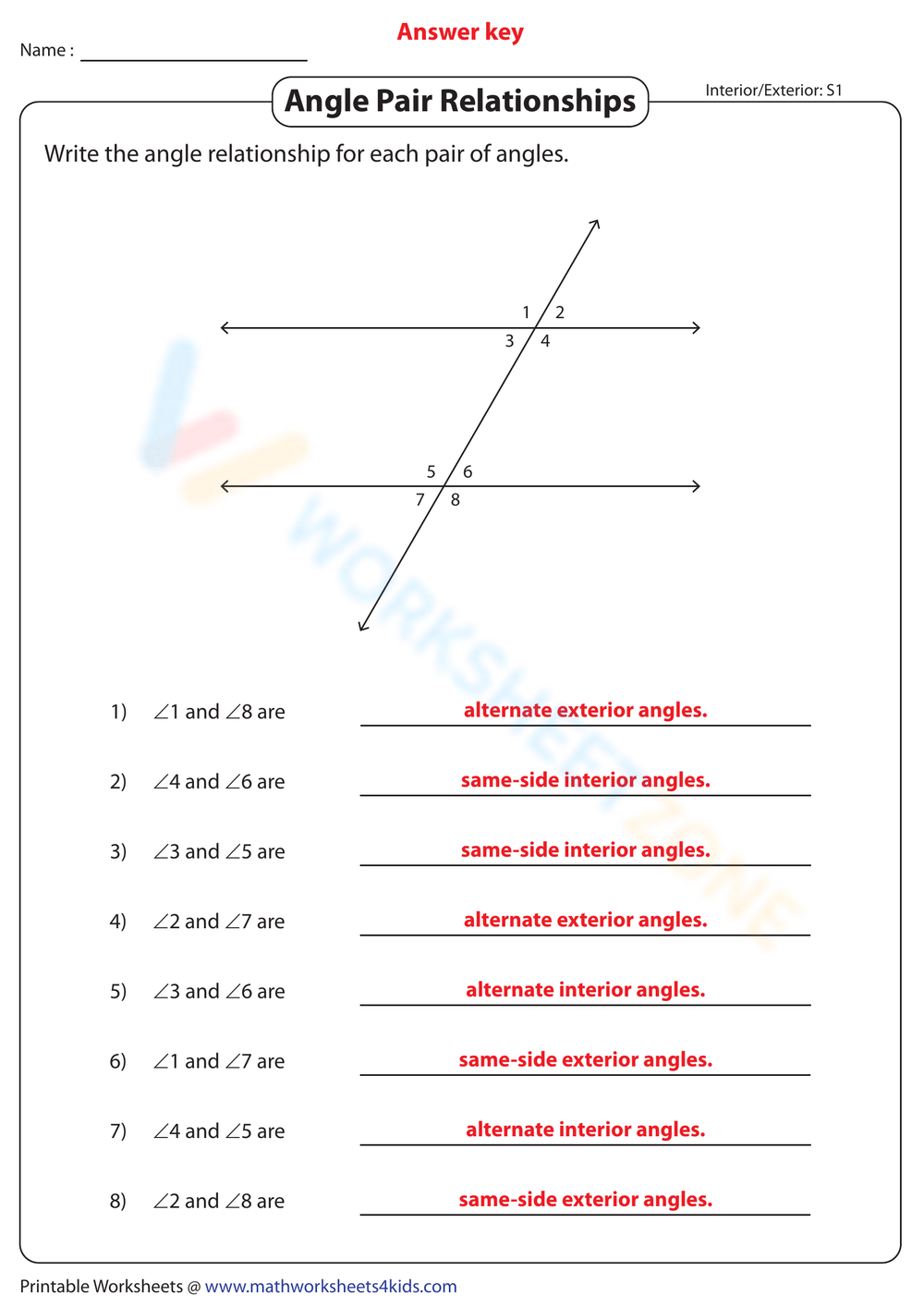 Printable 7th Grade Angle Pair Relationships Worksheets Download