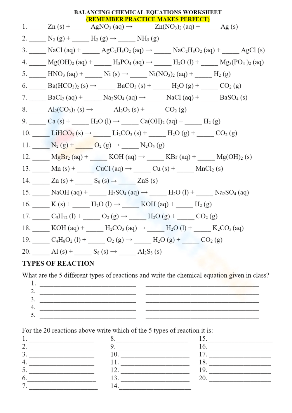 Printable 7th Grade Balancing Chemical Equations Worksheets