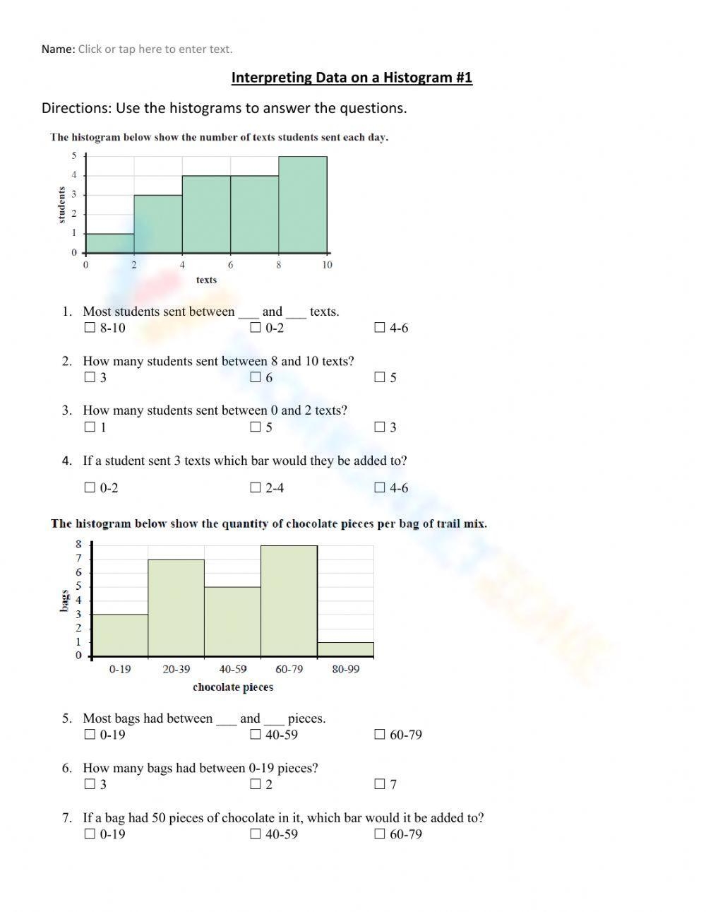 Printable 7th Grade Histogram Worksheets
