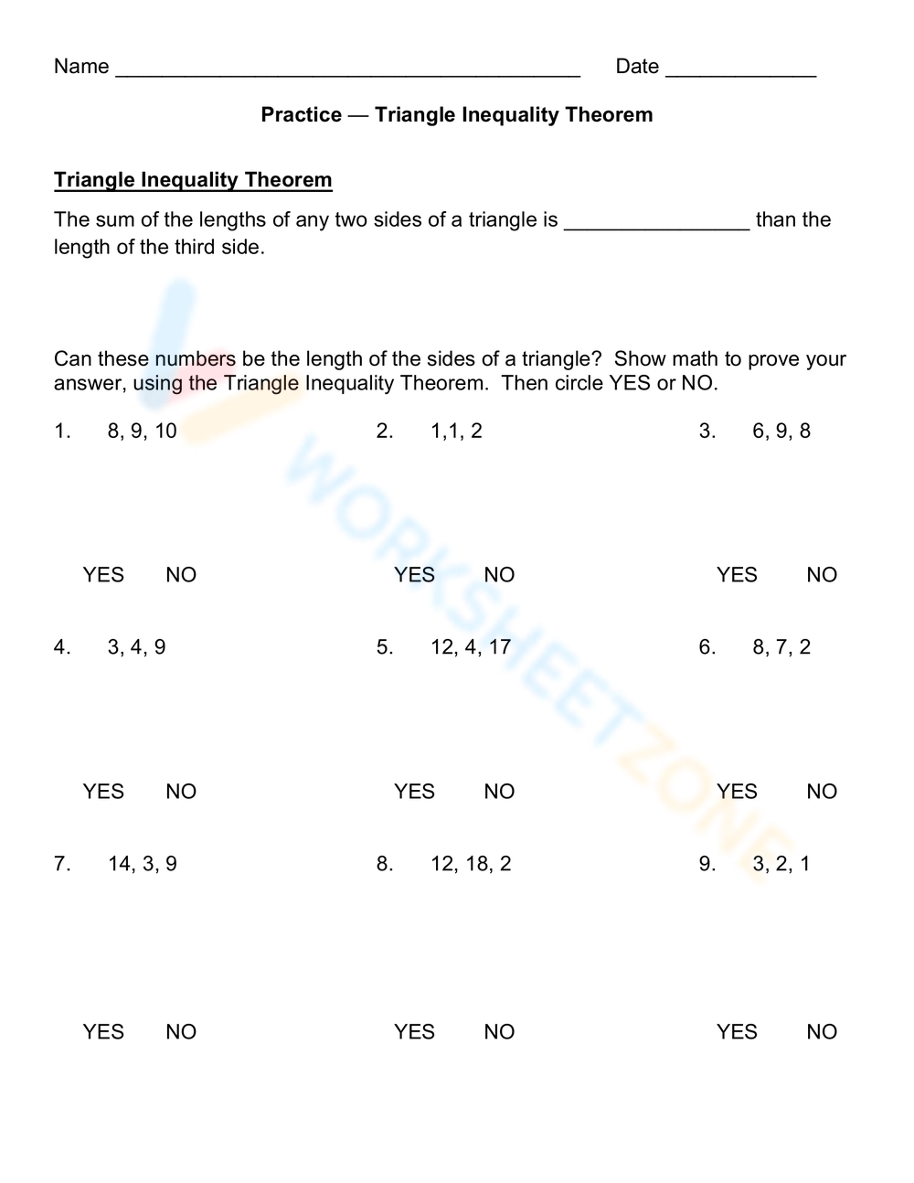 Printable 7th Grade Triangle Inequality Theorem Worksheets