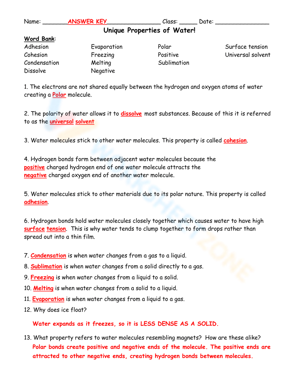 Printable 8th Grade Properties Of Water Worksheets Download