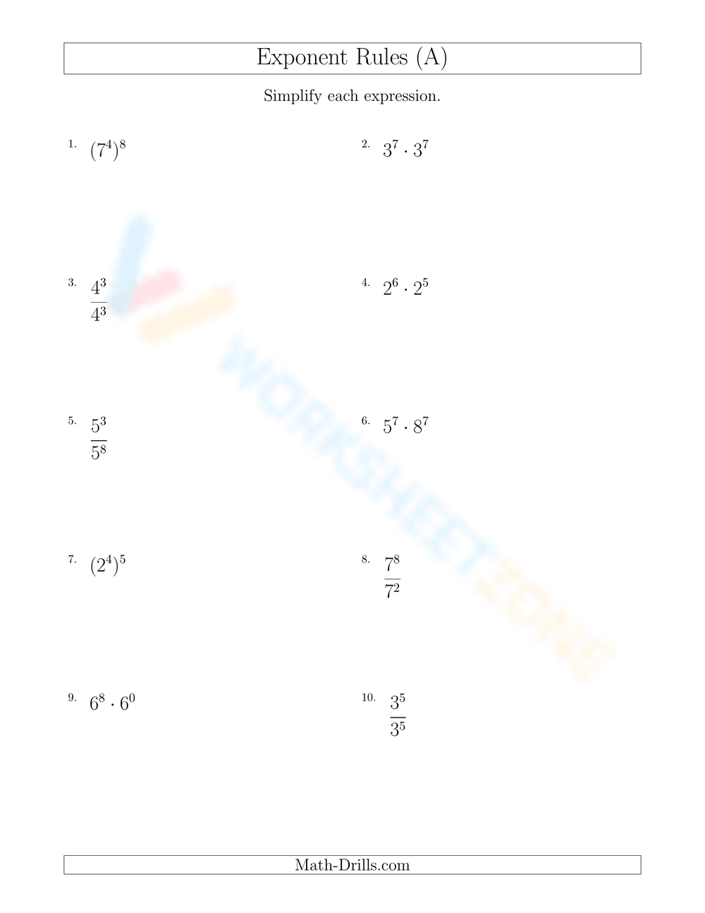 exponent rules worksheet pdf