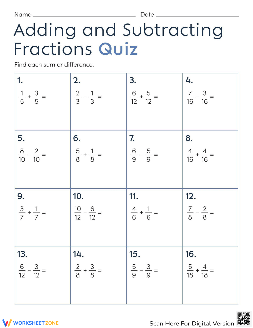 Printable Adding And Subtracting Fractions Worksheets