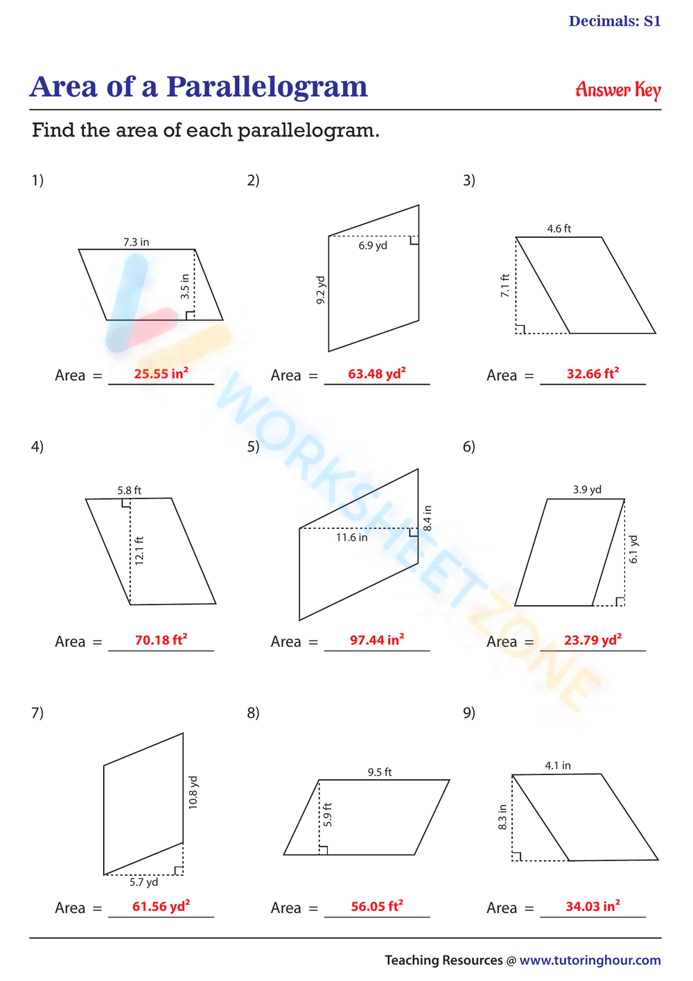 Printable Area Of Parallelogram Worksheets