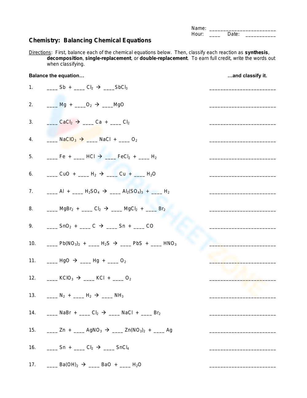 Printable Balancing Chemical Equations Worksheets