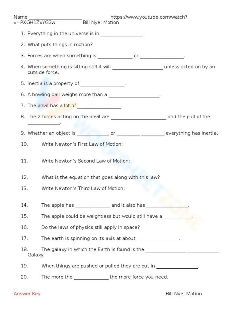 Printable Bill Nye Motion Worksheets