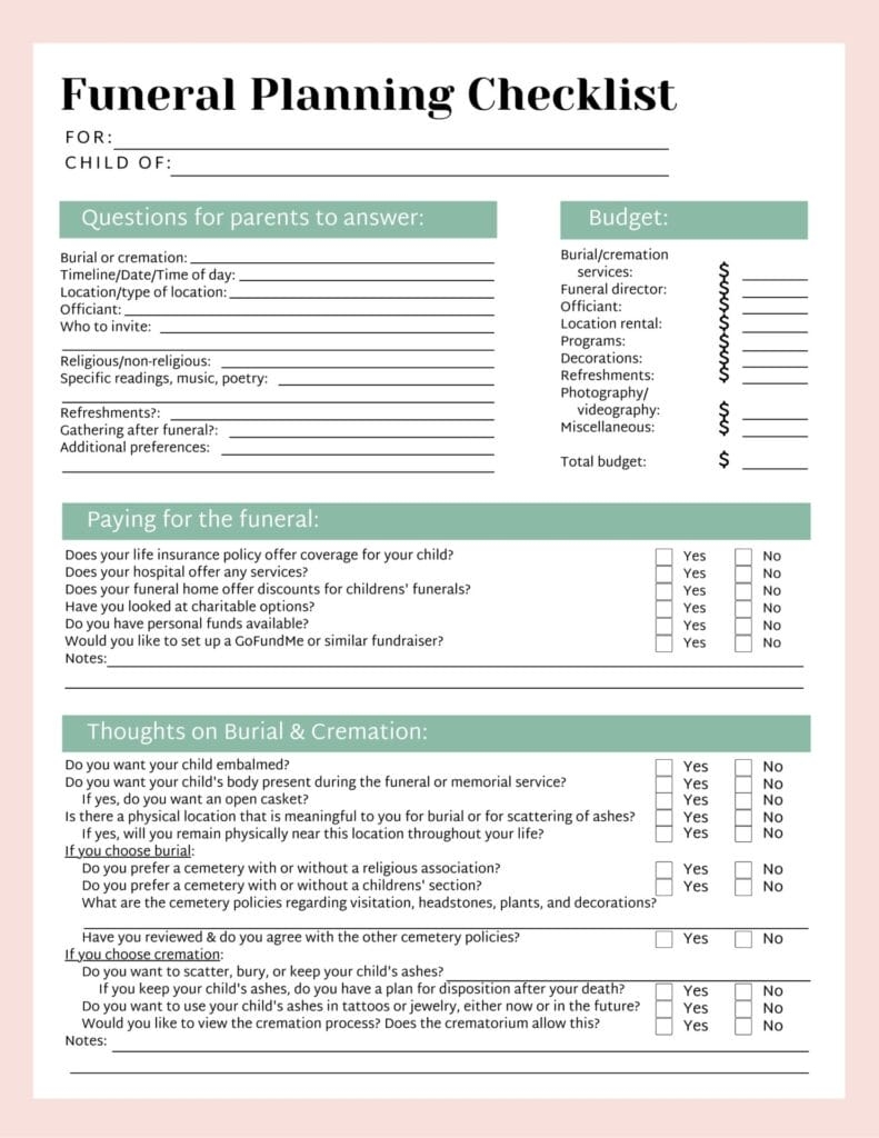 Printable Brochure Checklist For Planning A Baby s Funeral