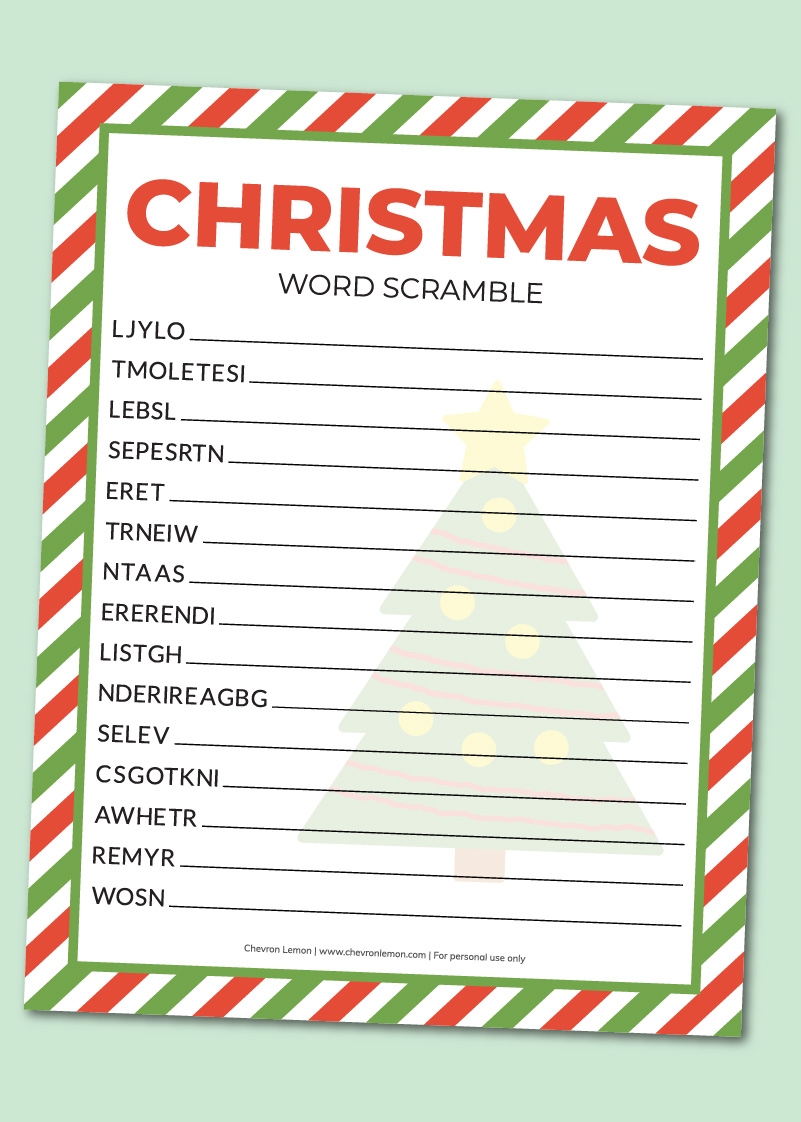 Printable Christmas Word Scramble Chevron Lemon
