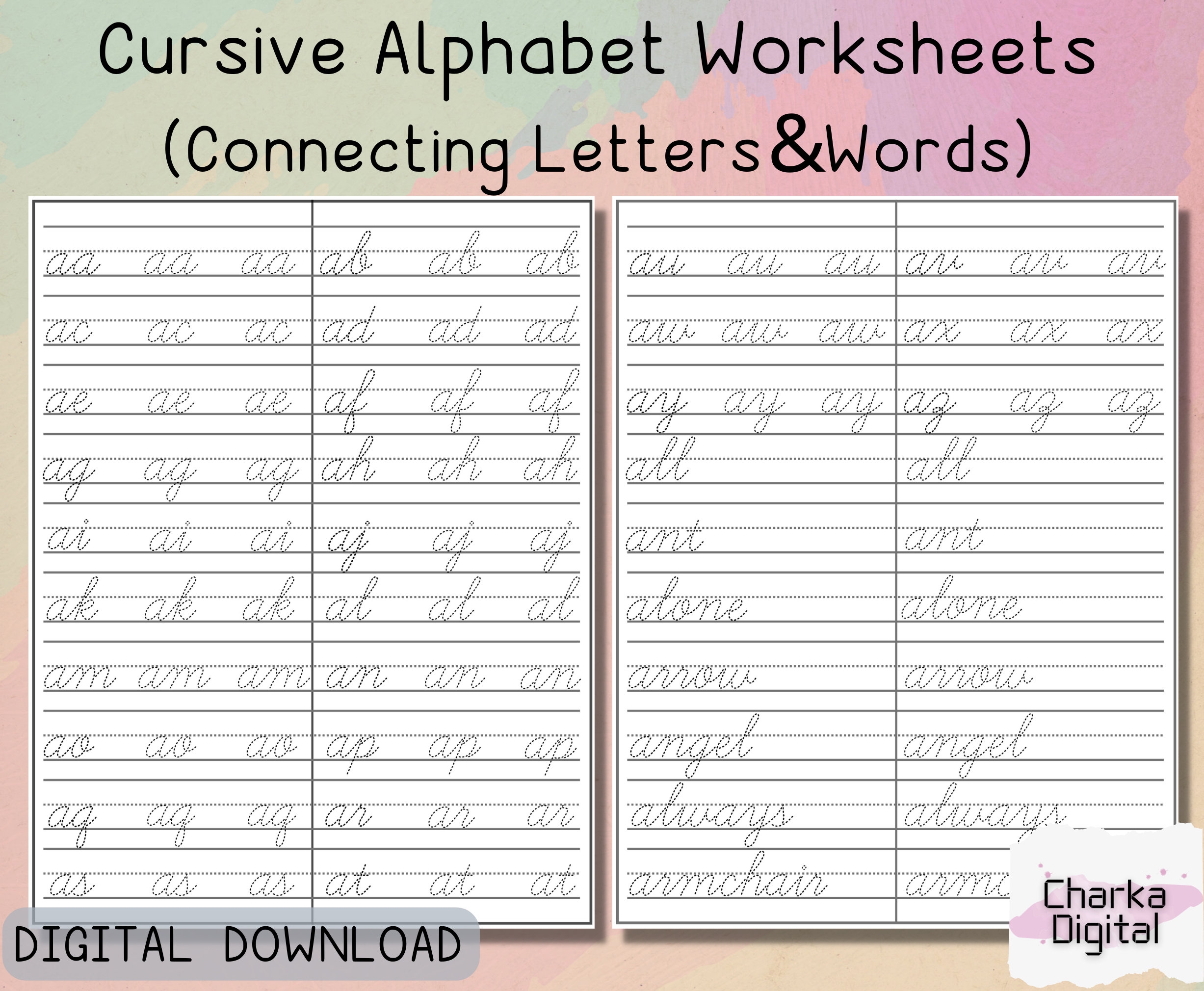 Printable Cursive Alphabet Worksheets Handwritting Practice Pages How To Connect Cursive Letters Cursive Writing Practice Etsy
