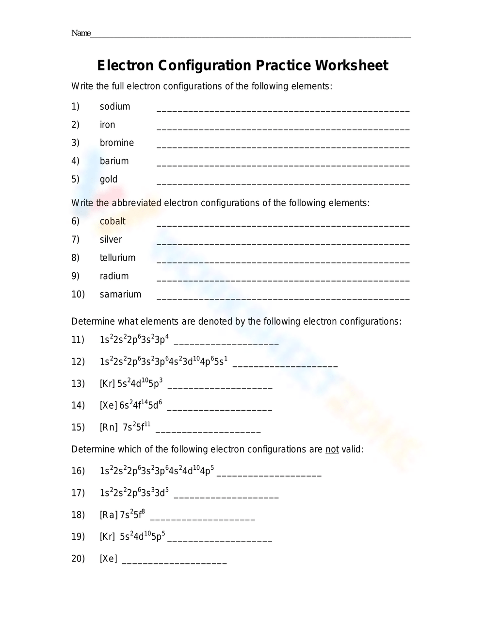 Printable Electron Configuration Practice Worksheets Printable Electron Configuration Practice Worksheets