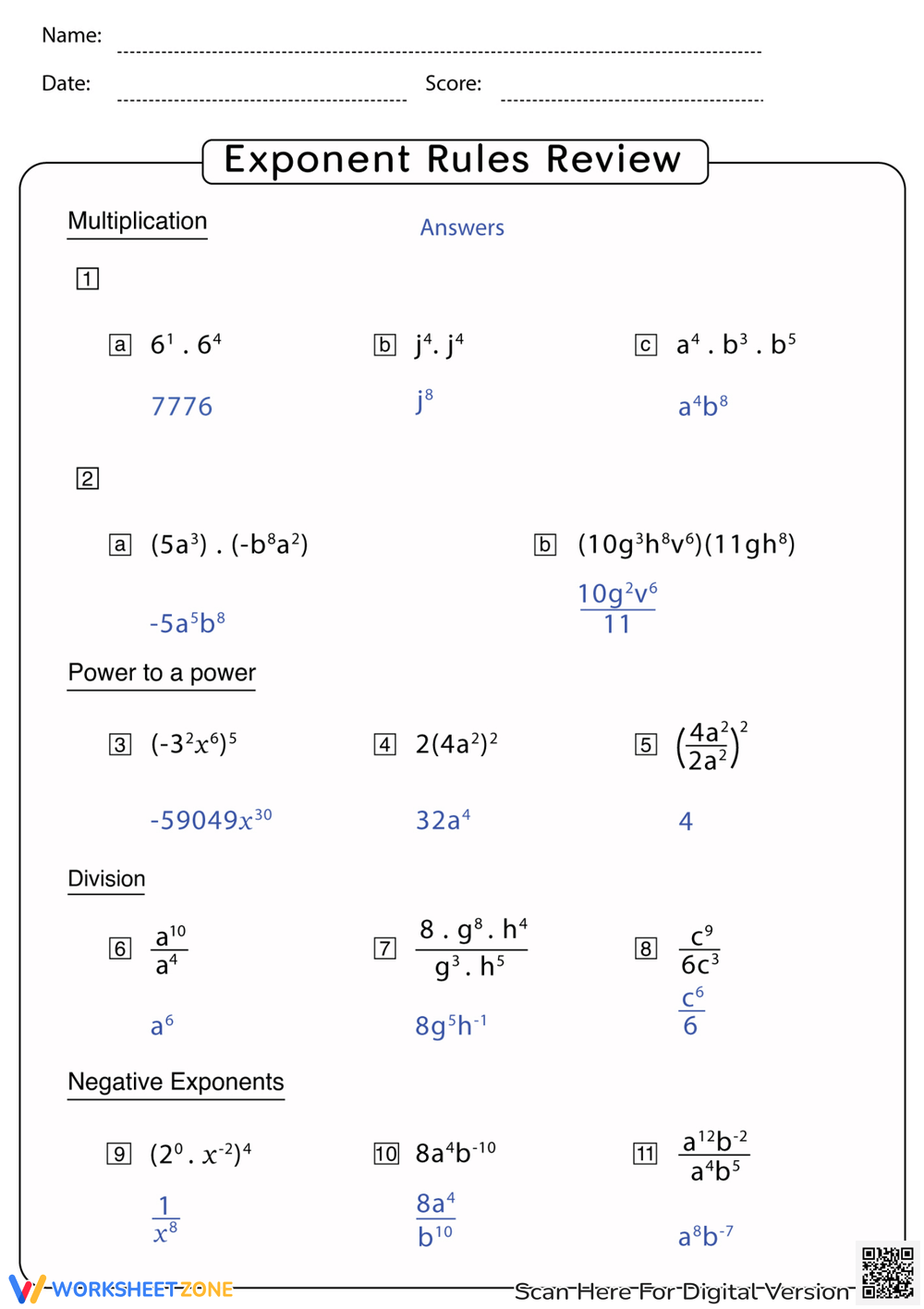 Printable Exponent Rules Review Worksheets