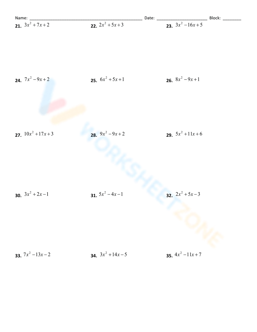 Printable Factoring Trinomials Worksheets