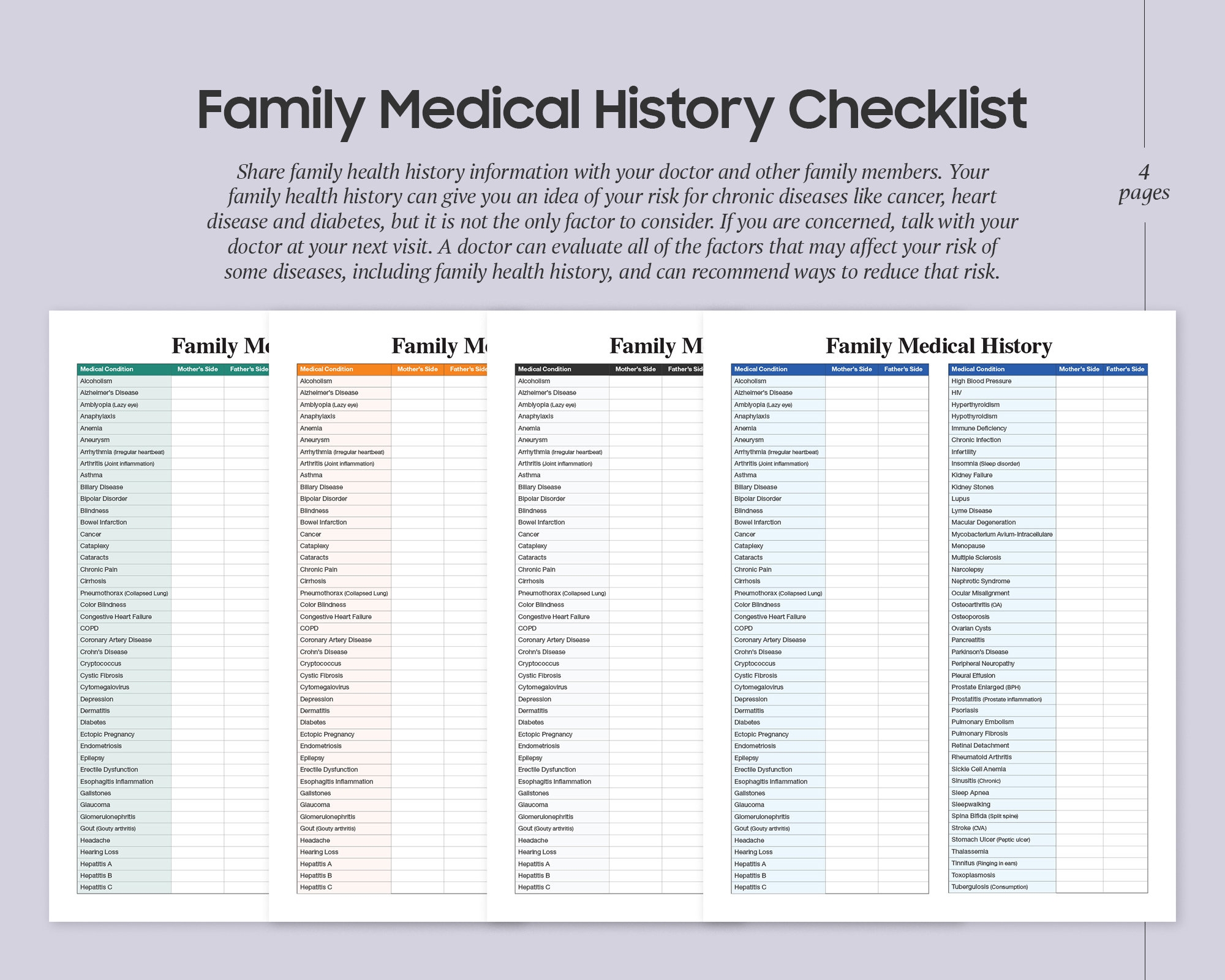Printable Family Medical History Checklist Medical Binder Insert Family Illness Disorders Infections Hereditary Disease Tracker Etsy