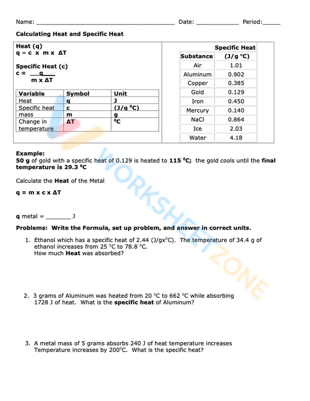 Printable Grade 10 Specific Heat Worksheets Download