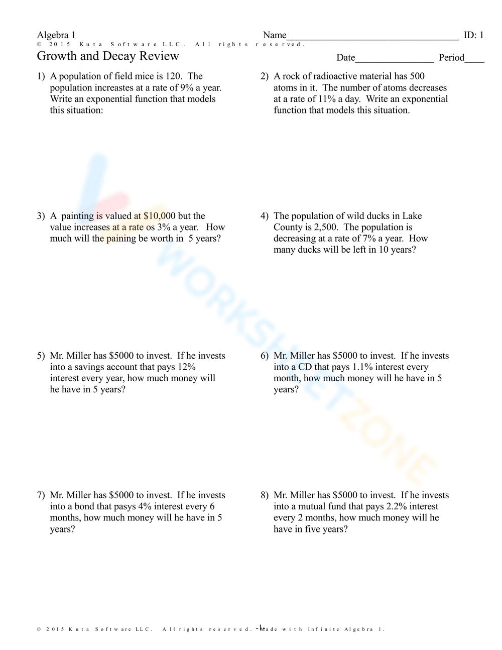 exponential growth and decay worksheet pdf