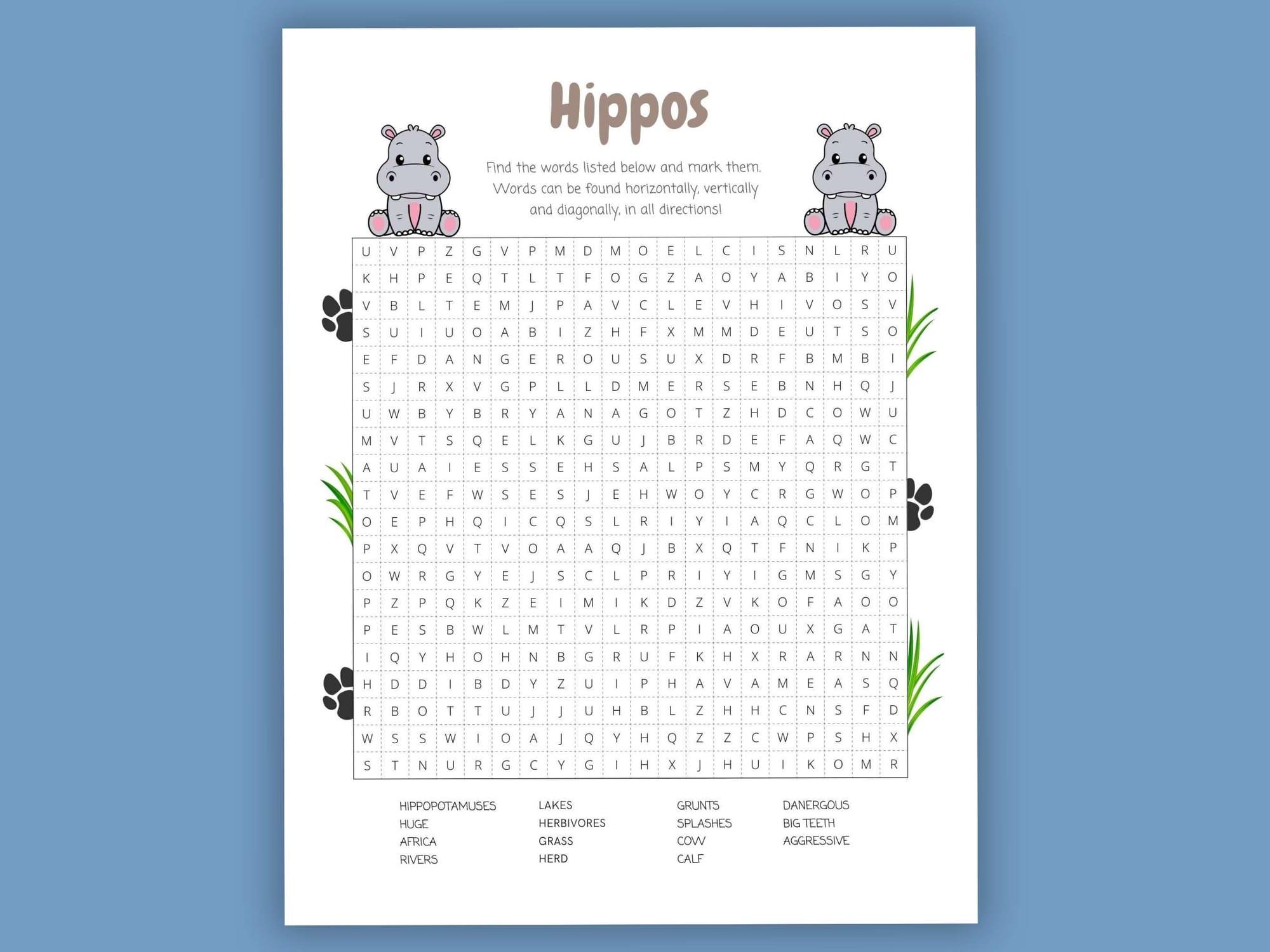 Printable Hippo Word Search For Kids Printable Hippo Word Search For Kids