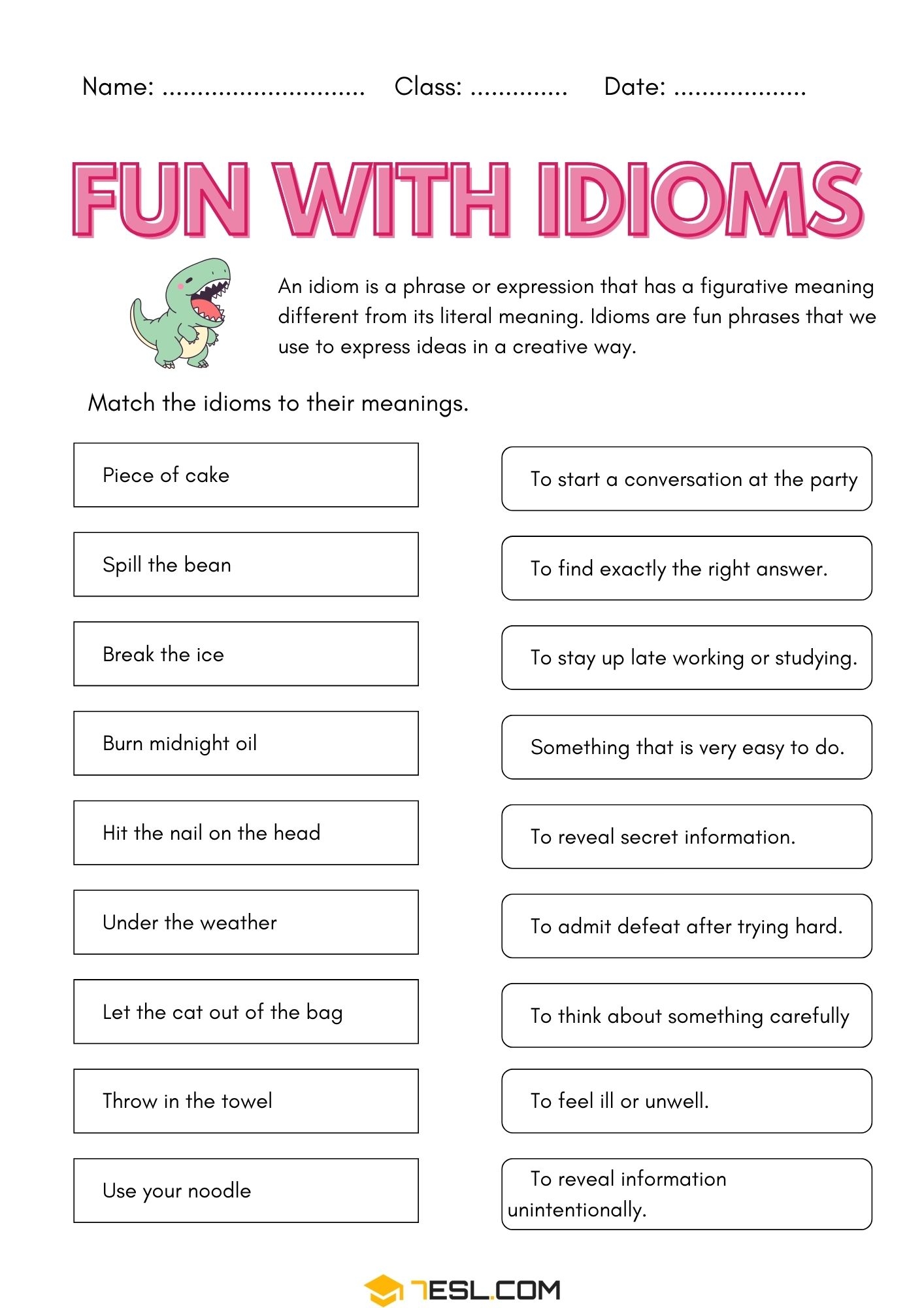 Printable Idioms Worksheets In English 7ESL Printable Idioms Worksheets In English 7ESL