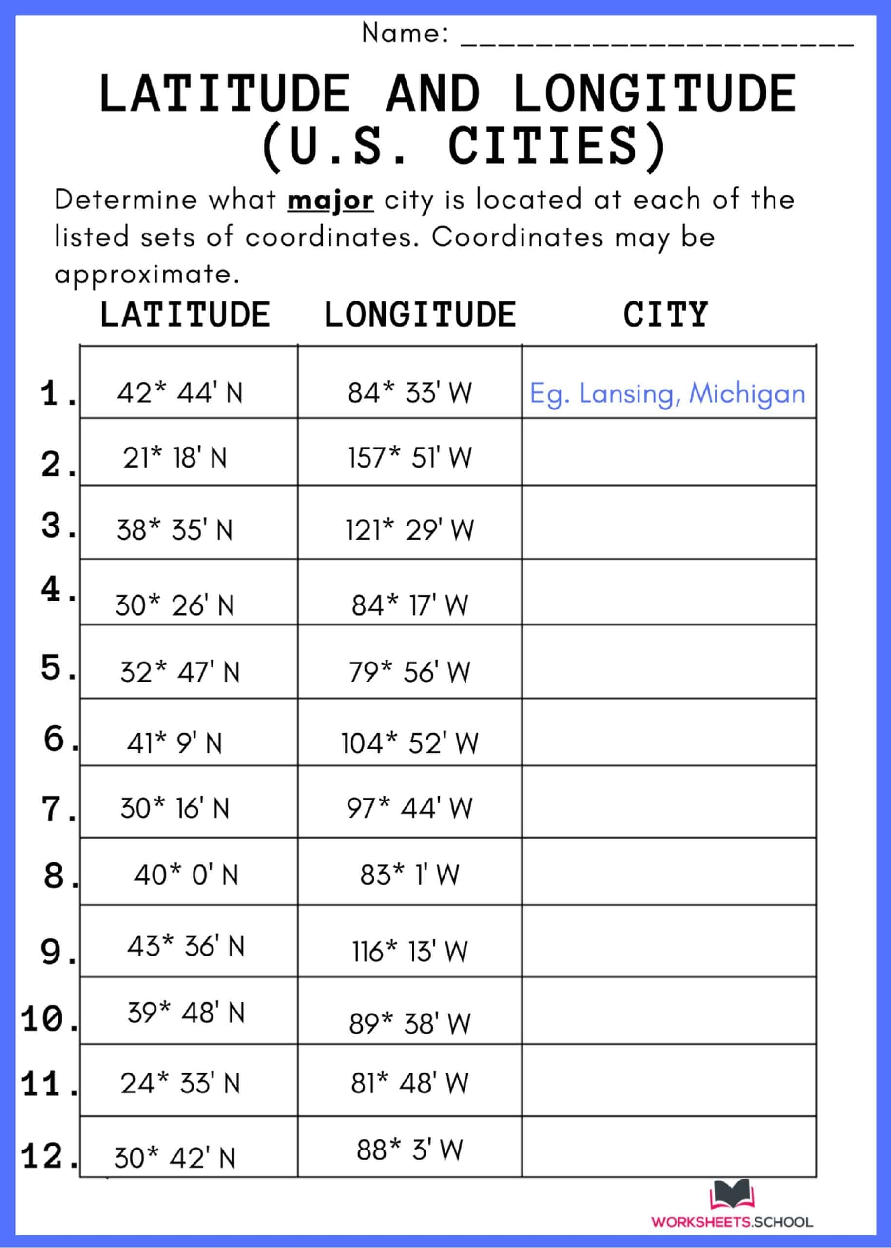 Printable Latitude And Longitude Worksheets