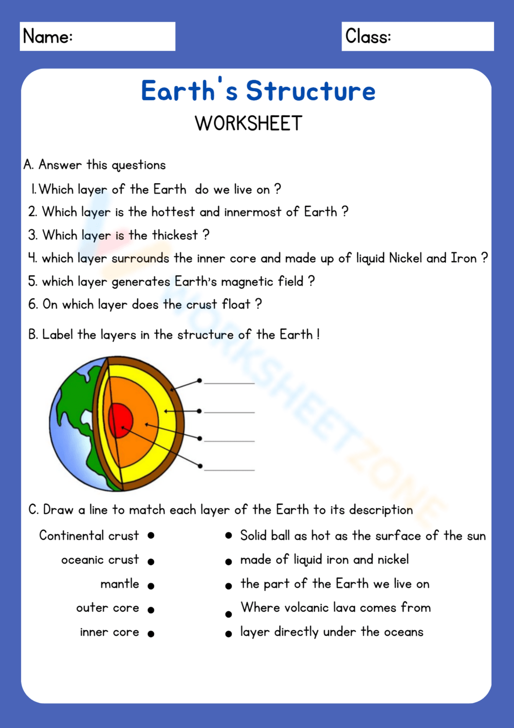 Printable Layers Of The Earth Worksheets