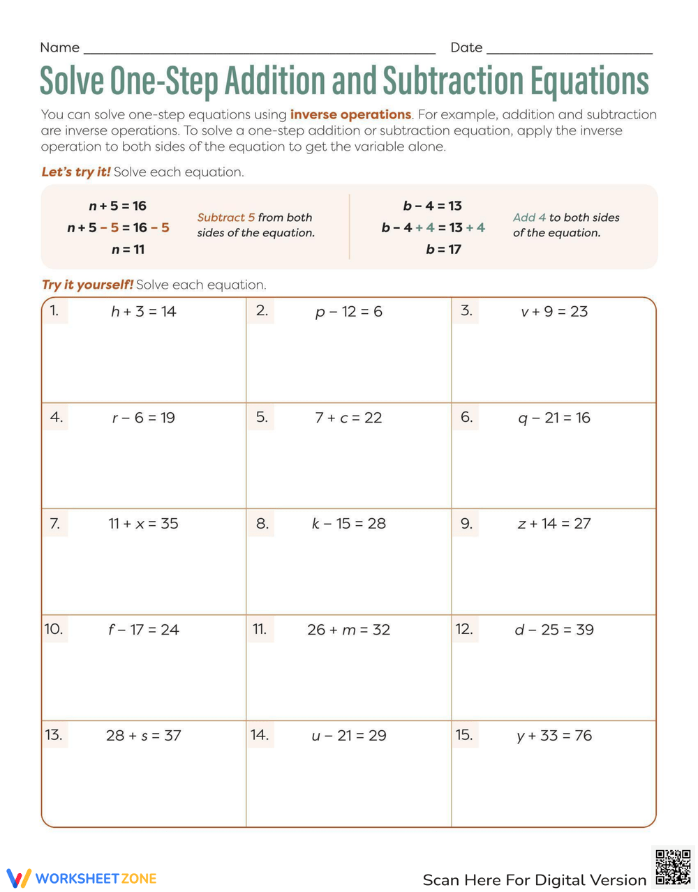 Printable One Variable Equations Worksheets