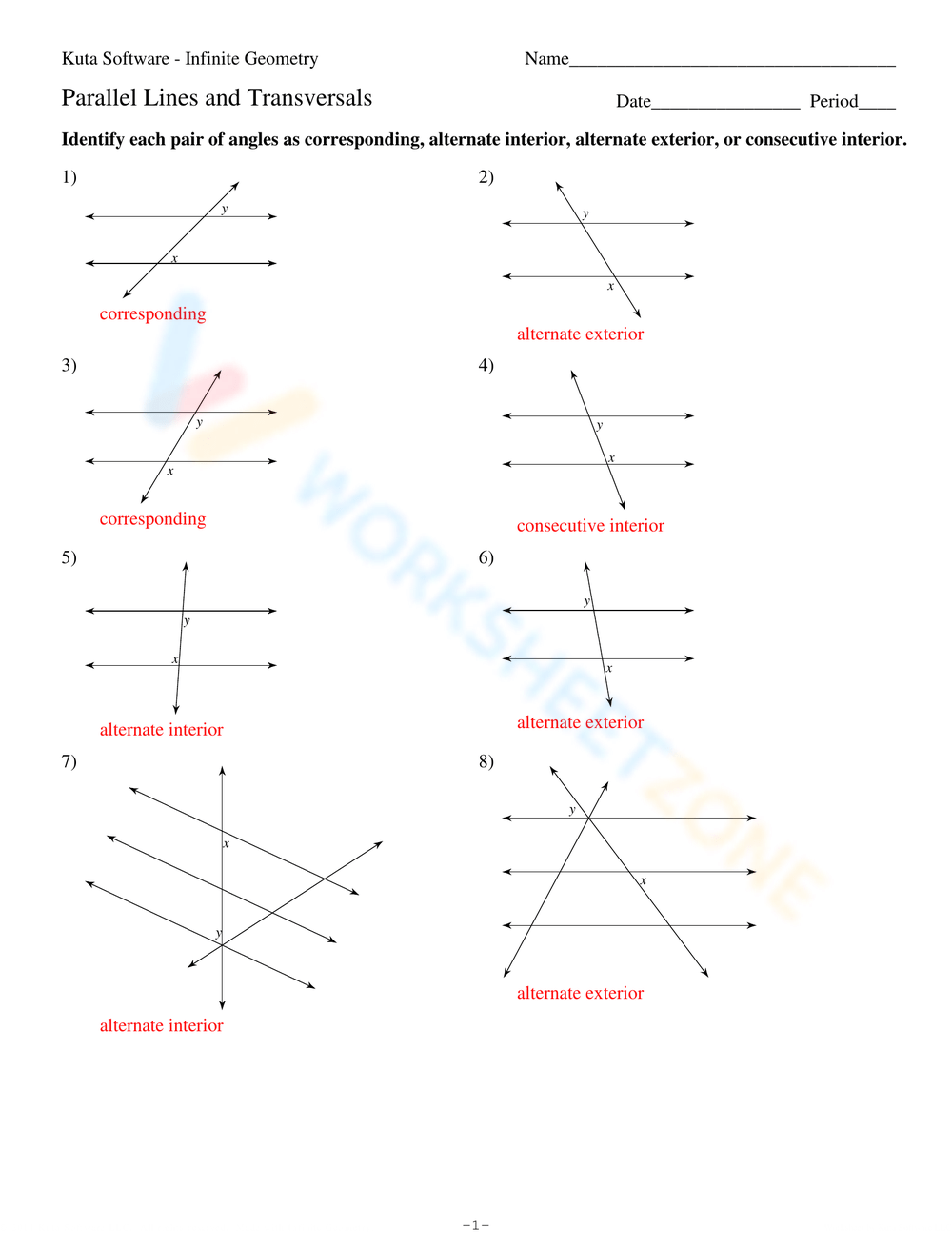 Printable Parallel Lines Cut By A Transversal Worksheets