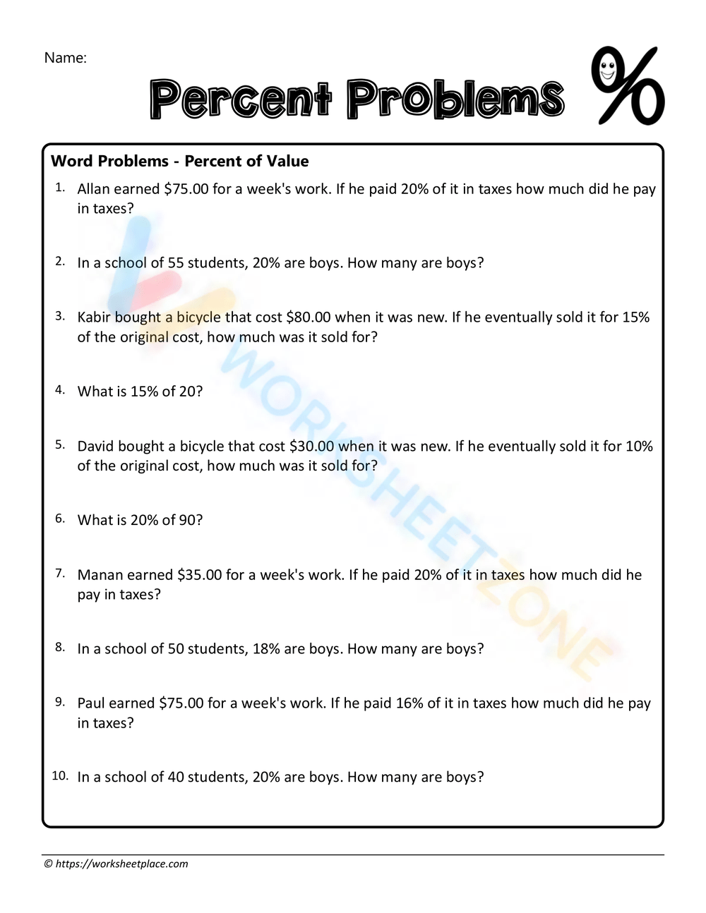 Printable Percents Worksheets