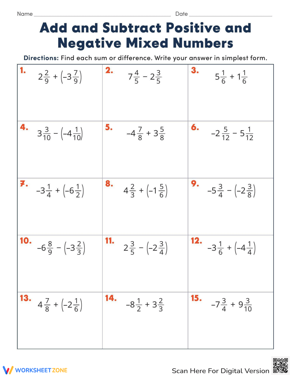 Printable Rational Numbers Worksheets