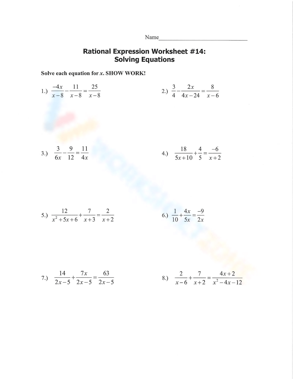 Printable Simplifying Rational Expressions Worksheets