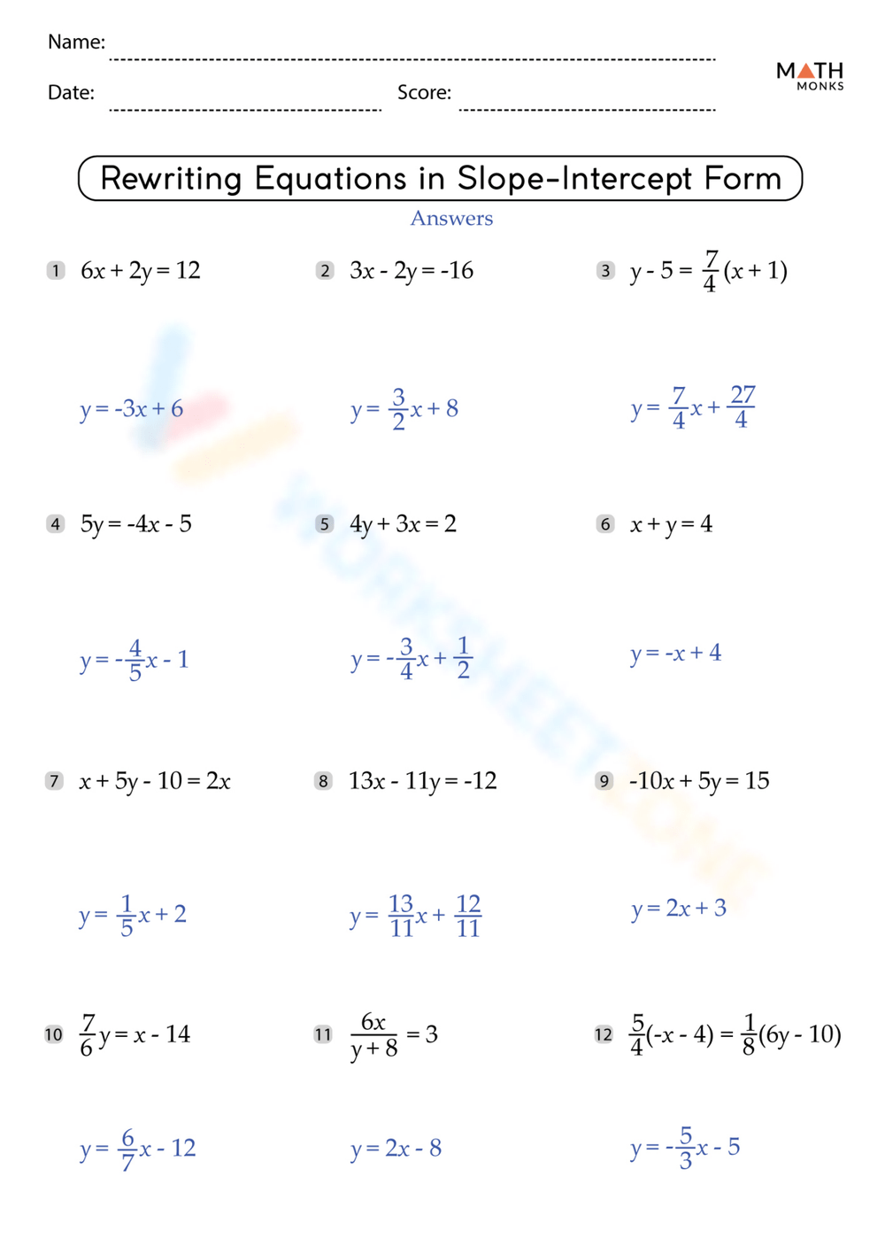 Printable Slope Intercept Form Worksheets Download Printable Slope Intercept Form Worksheets Download