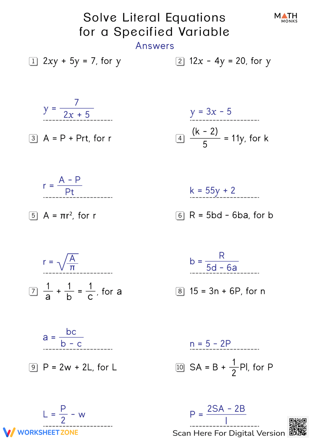 Printable Solving Literal Equations Worksheets