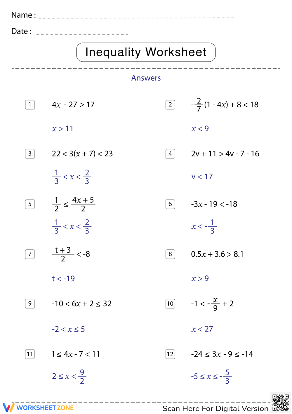 solving inequalities worksheet pdf