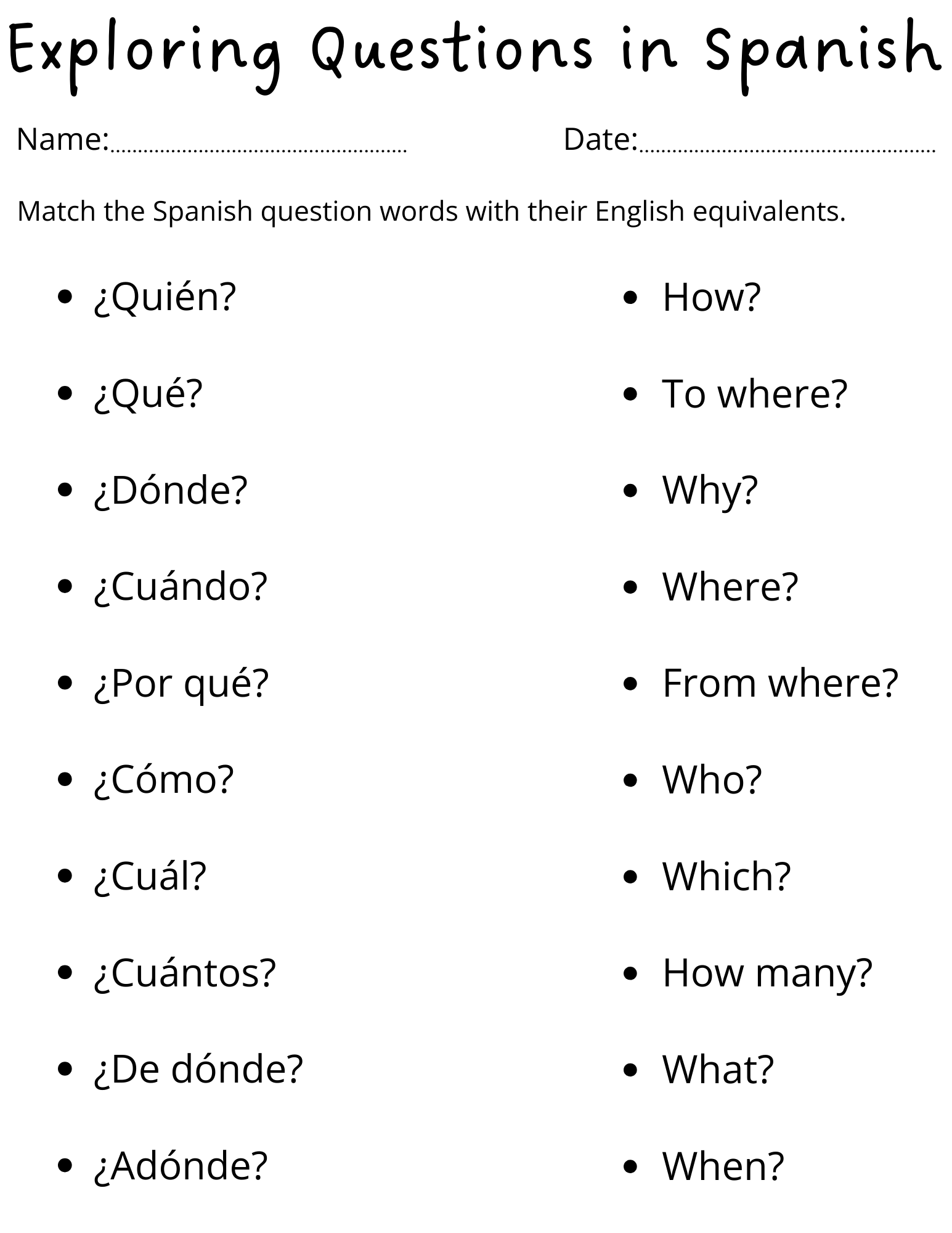 Printable Spanish Question Words Worksheet For Kids Teaching Resources Printable Spanish Question Words Worksheet For Kids Teaching Resources