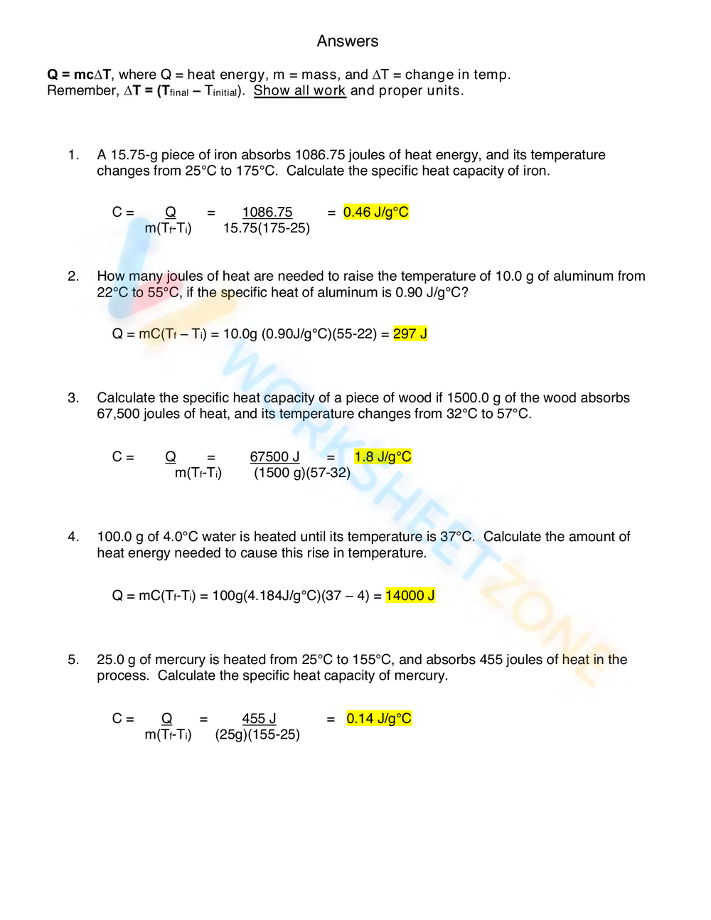 Printable Specific Heat Worksheets