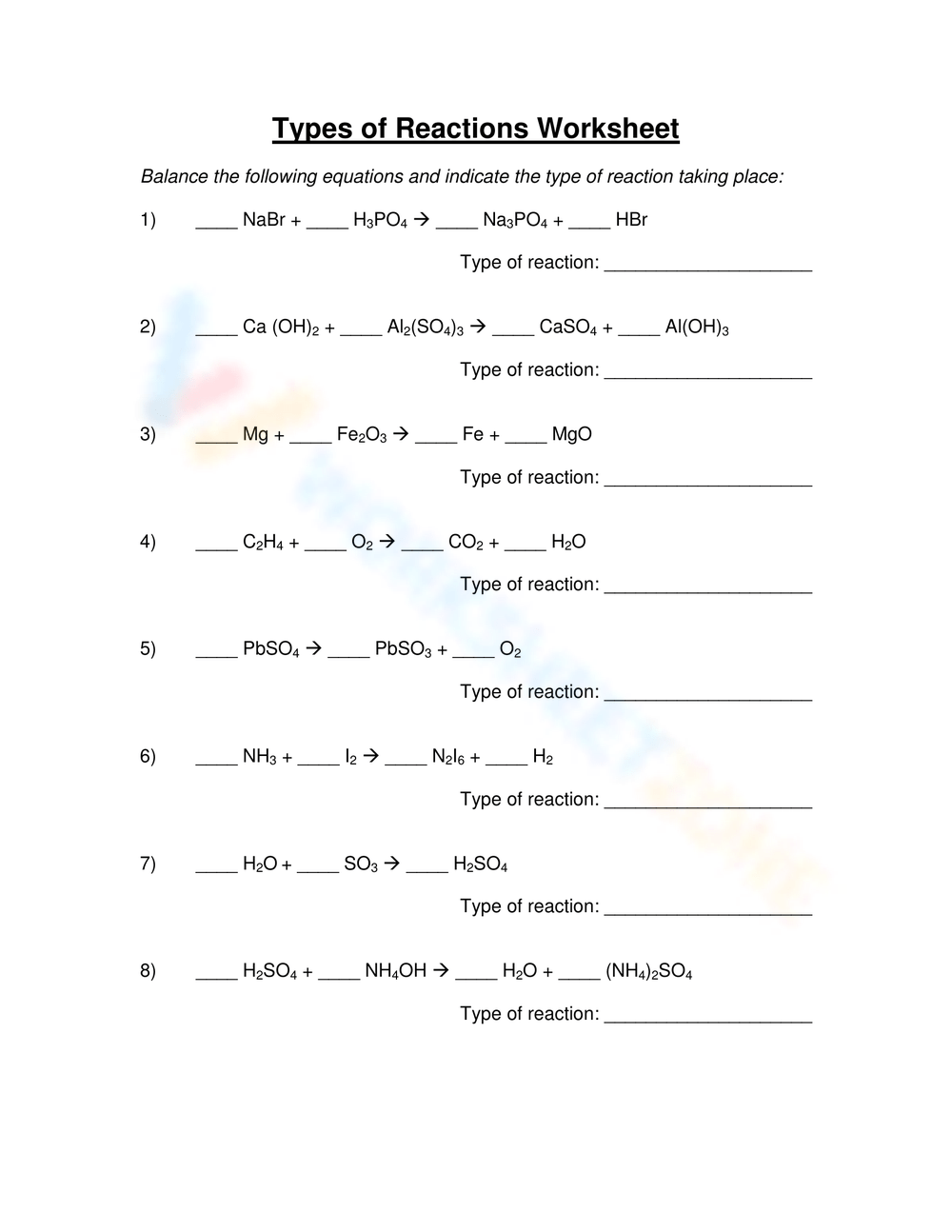 Printable Types Of Reaction Worksheets Download Printable Types Of Reaction Worksheets Download