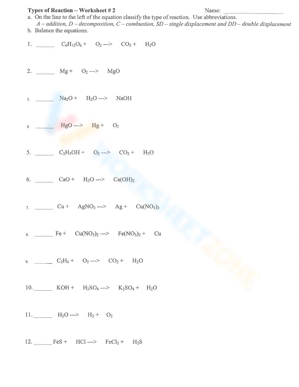 types of reaction worksheet answers types of reaction worksheet answers