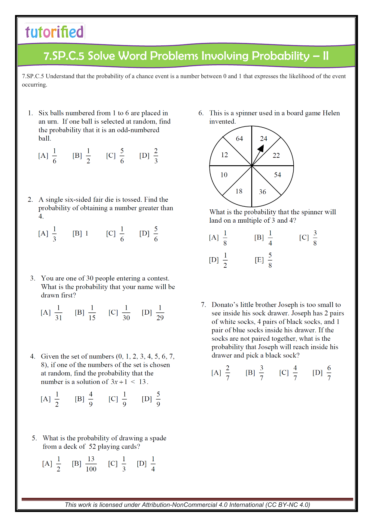 Probability Word Problems Worksheet For Middle School