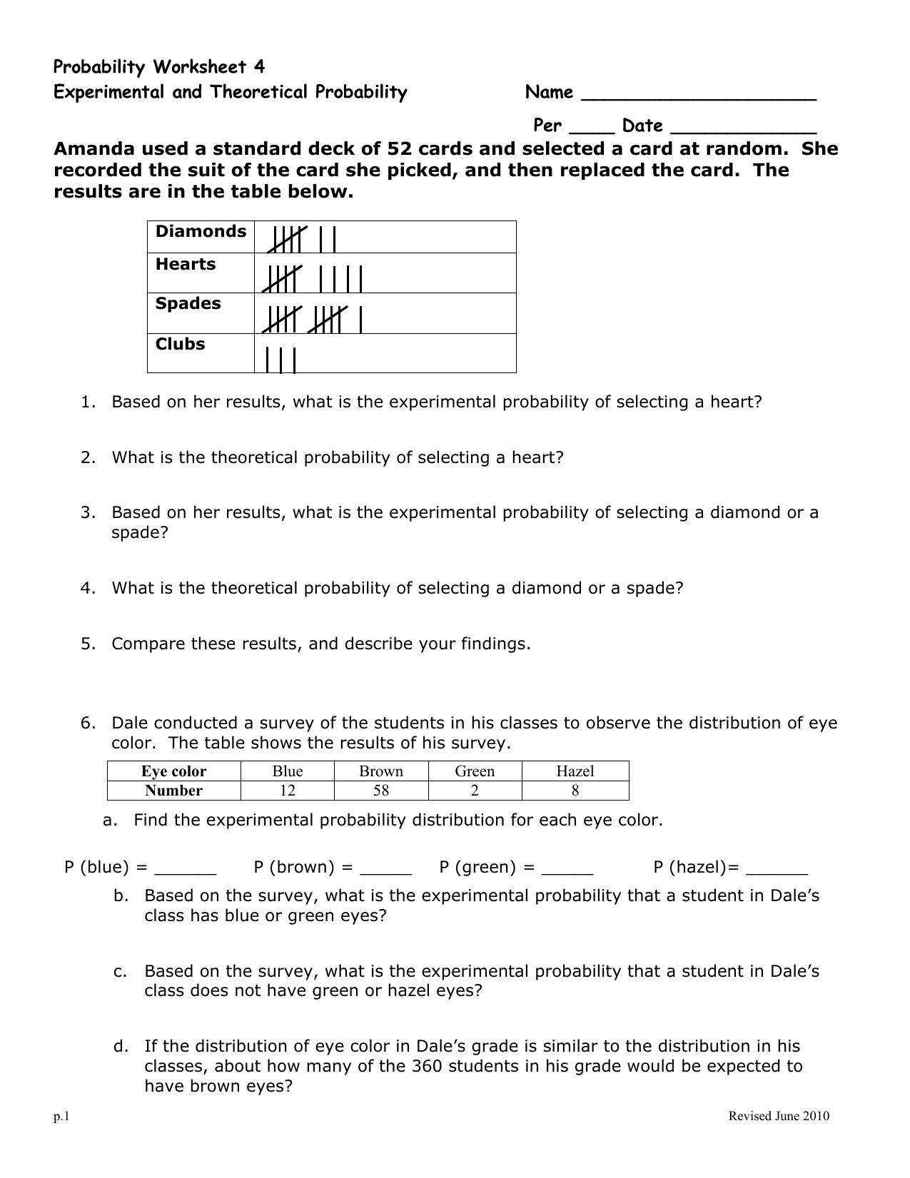 Probability Worksheet Experimental Theoretical Probability Probability Worksheet Experimental Theoretical Probability