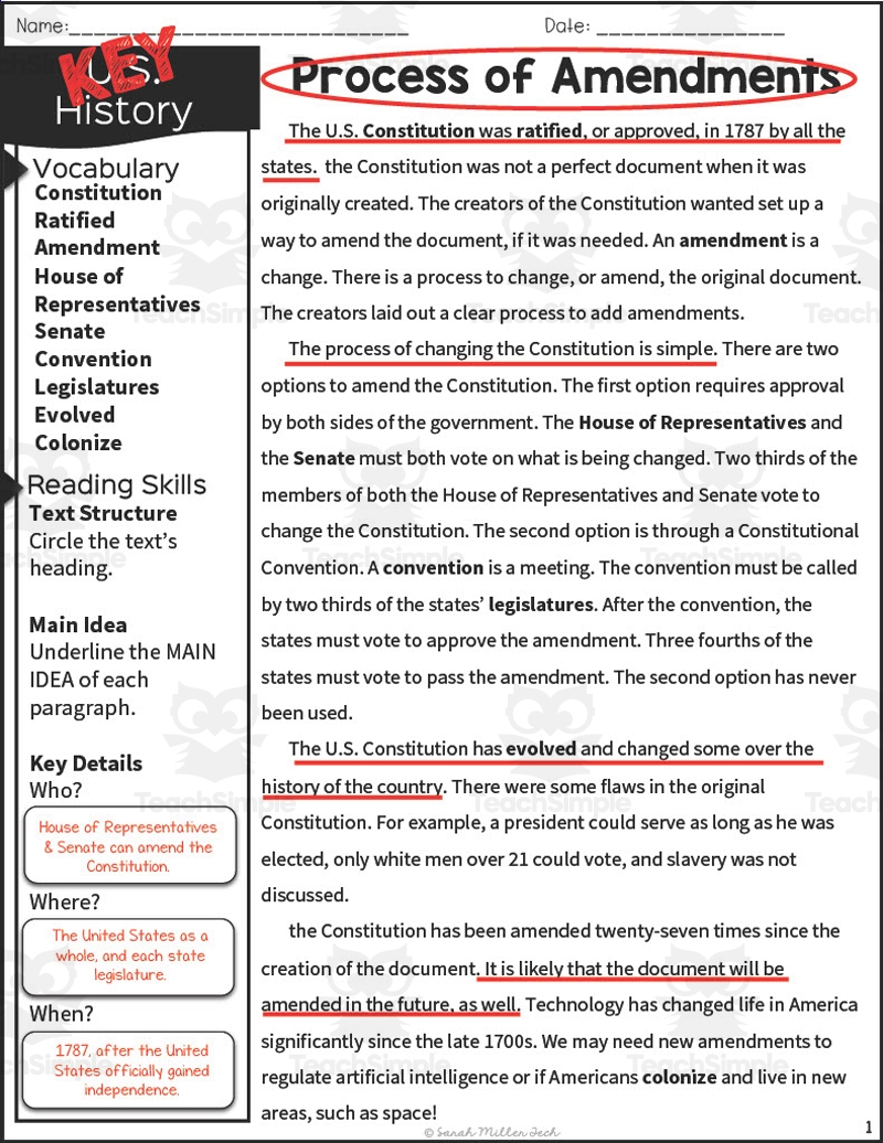 Process Of Amendments Reading Packet By Teach Simple
