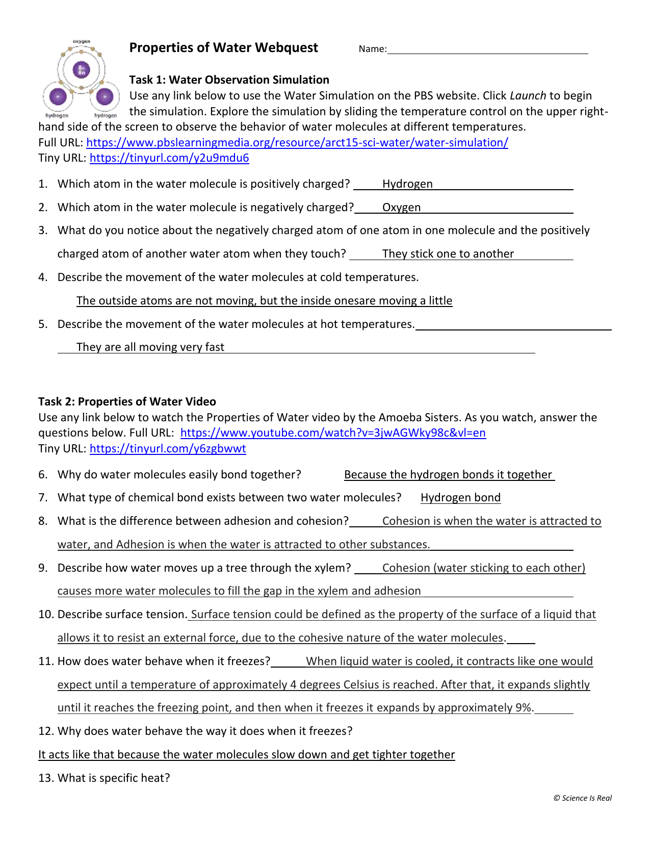 Properties Of Water Webquest High School Chemistry