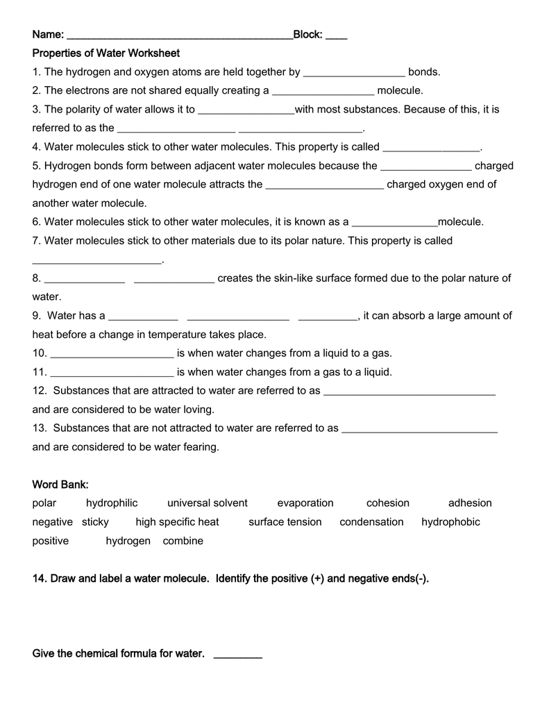 Properties Of Water Worksheet High School Chemistry
