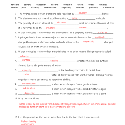 Properties Of Water Worksheet KEY Understanding Essentials Studocu