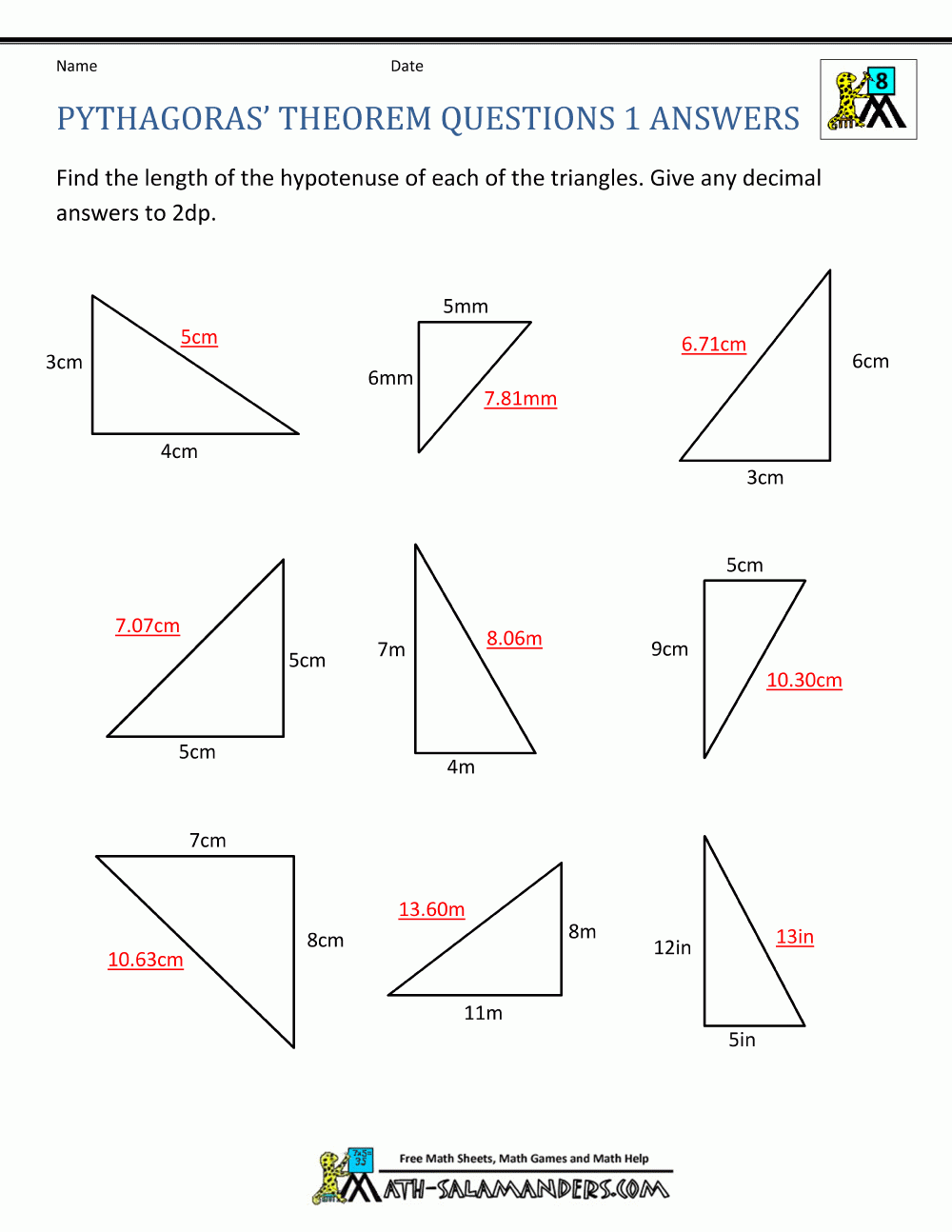 Pythagoras Theorem Questions Pythagoras Theorem Questions