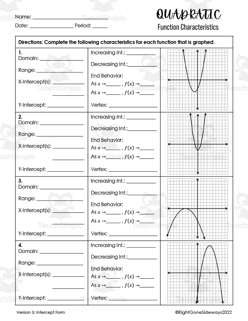 Quadratic Characteristics Intercept Form Worksheet By Teach Simple Quadratic Characteristics Intercept Form Worksheet By Teach Simple