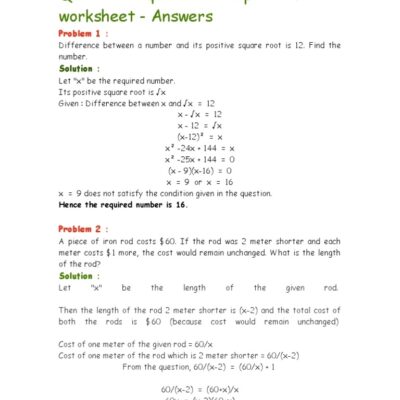 Quadratic Equation Word Problems Worksheet PDF Triangle Worksheets Library