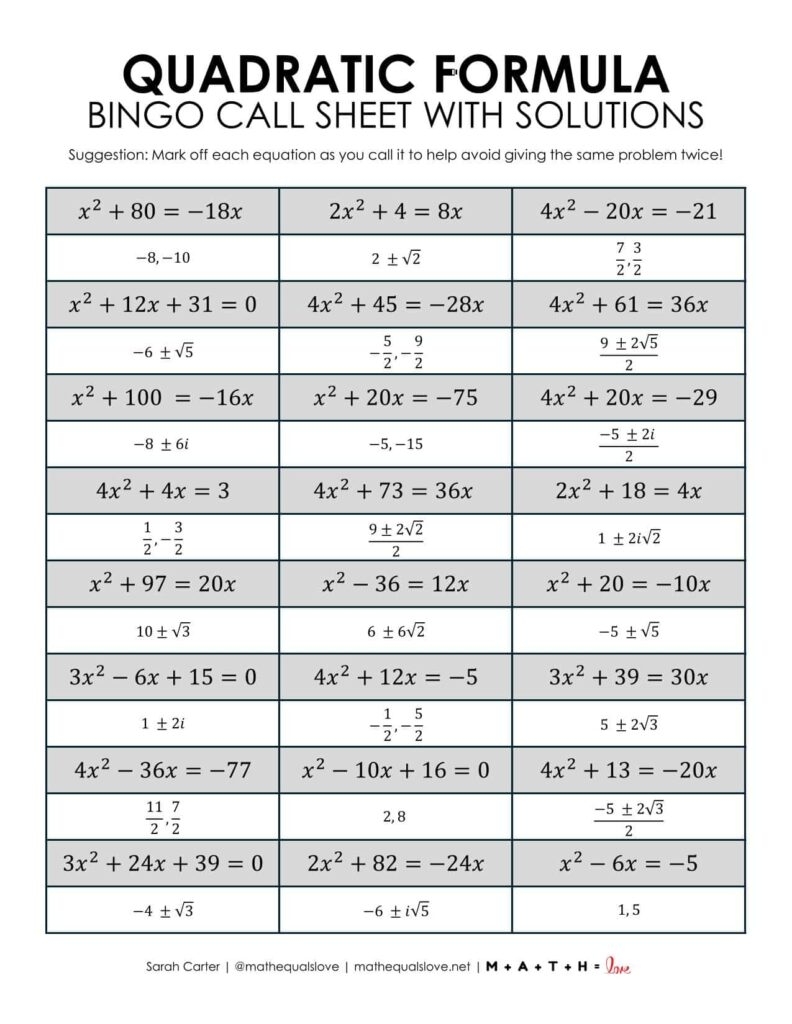 Quadratic Formula Bingo Game Activity FREE Printable PDF Quadratic Formula Bingo Game Activity FREE Printable PDF