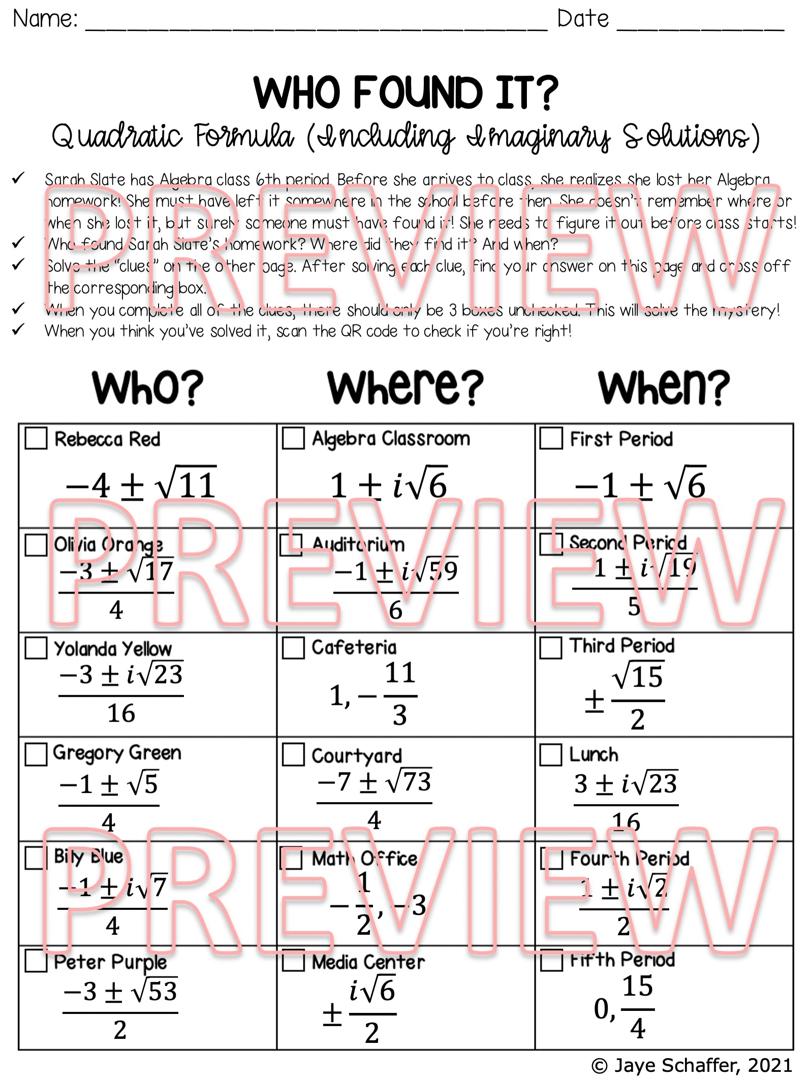 Quadratic Formula Including Imaginary Solutions Clue Mystery Activity Made By Teachers