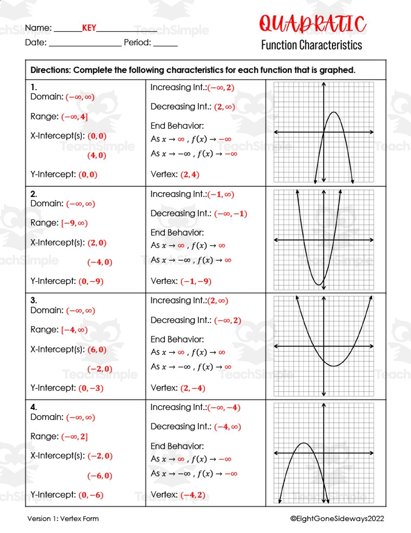 Quadratic Functions Vertex Form Worksheet By Teach Simple Quadratic Functions Vertex Form Worksheet By Teach Simple