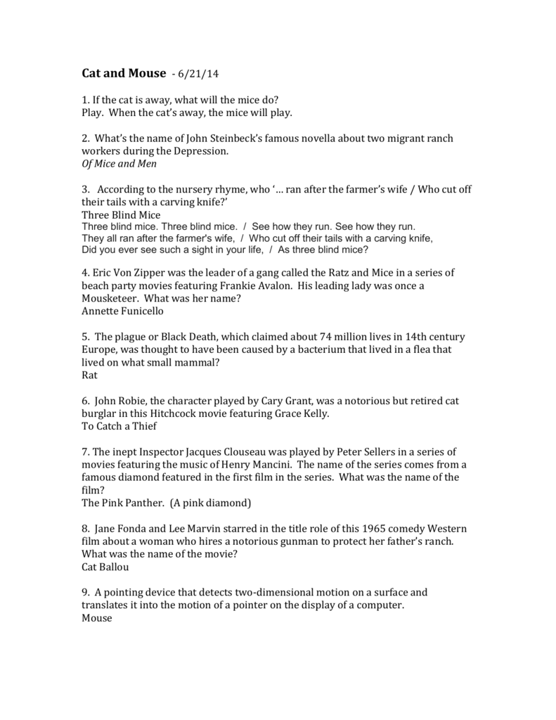 Questions Having To Do With Cats And Mice Questions Having To Do With Cats And Mice