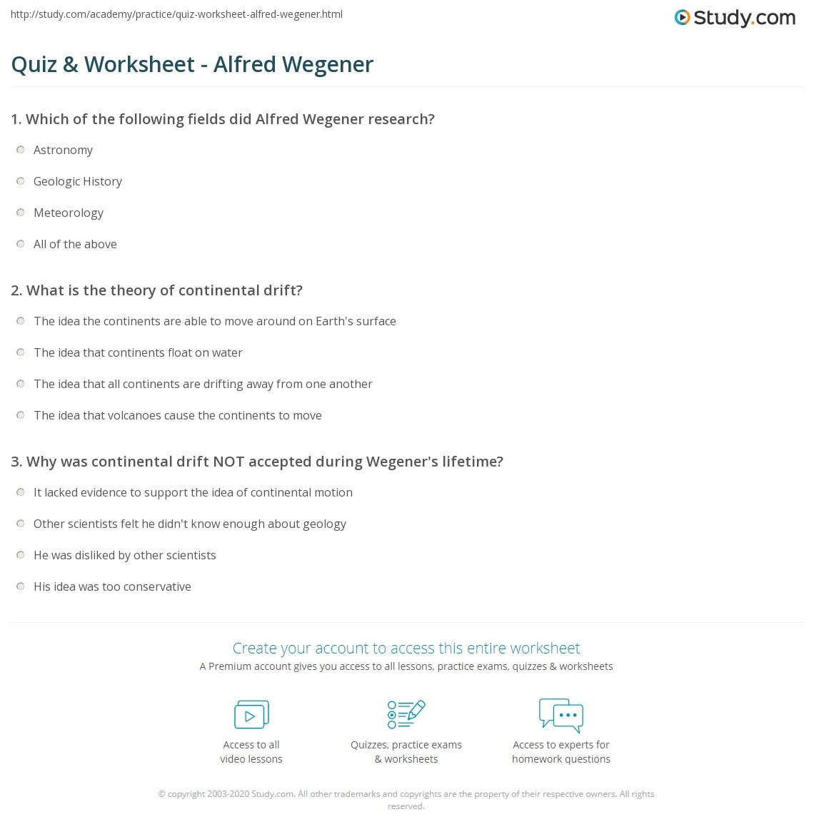 Quiz Worksheet Alfred Wegener Study Quiz Worksheet Alfred Wegener Study